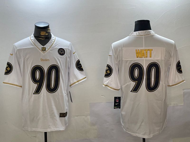 Men Pittsburgh Steelers #90 Watt White Gold 2024 Nike Limited NFL Jersey style 12301